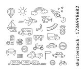 Children drawing of cars, train, plane, helicopter and rocket. Doodle transport. Set of elements in childish style. Hand drawn vector illustration on white background