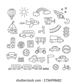 Children drawing of cars, train, plane, helicopter and rocket. Doodle transport. Set of elements in childish style. Hand drawn vector illustration on white background