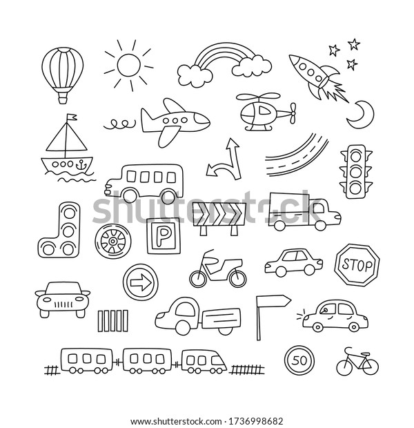 Children drawing of\
cars, train, plane, helicopter and rocket. Doodle transport. Set of\
elements in childish style. Hand drawn vector illustration on white\
background
