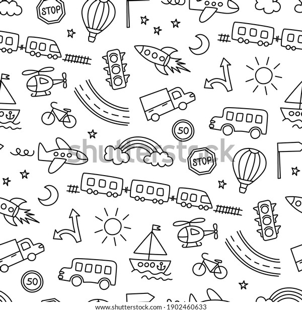 Children drawing of\
cars, train, plane, helicopter and rocket. Doodle transport.\
Seamless pattern in kid style. Hand drawn vector illustration on\
white background