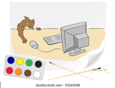 Children drawing of cat and computer a brush paints on a paper
