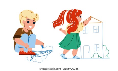 Children Drawing With Chalk Togetherness Vector. Boy Drawing Airplane On Floor And Girl Draw House Picture On Wall. Characters Kids Creativity Leisure And Funny Time Flat Cartoon Illustration