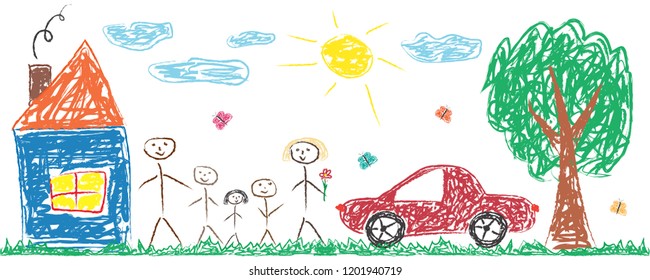 Children drawing cheerful family, house, tree, car, sun. Colorful isolated vector illustration