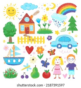 Children drawing  Child paint house scribbling crayons  color pencil kid draw elements  Flowers  rainbow car   ship  fruits   smiling sun neoteric vector clipart
