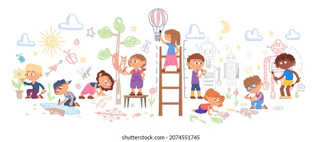 Children drawing. Child painting on floor, colorful kindergarten group. Preschool kids with crayon and markers, flat cute toddler play decent vector characters