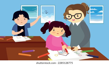 Children drawing in classroom. Kids doing homework. Vector illustration in flat style