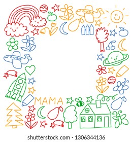 Children drawing. Colorful vector pattern with toys, space, planet