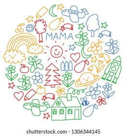 Children drawing. Colorful vector pattern with toys, space, planet