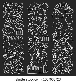Children drawing. Colorful vector pattern with toys, space, planet