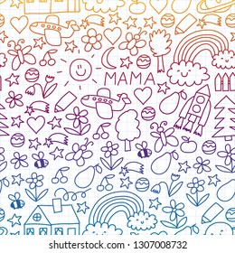 Children drawing. Colorful vector pattern with toys, space, planet