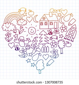 Children drawing. Colorful vector pattern with toys, space, planet
