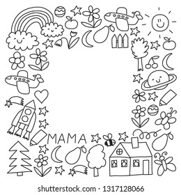 Children drawing. Colorful vector pattern with toys, space, planet