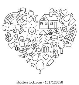 Children drawing. Colorful vector pattern with toys, space, planet