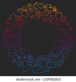 Children drawing. Colorful vector pattern with toys, space, planet