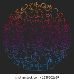 Children drawing. Colorful vector pattern with toys, space, planet