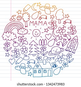 Children drawing. Colorful vector pattern with toys, space, planet