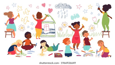 Children drawing with crayon. Kindergarten child, kids paint on wall and floor. Playing together, child art school decent vector characters