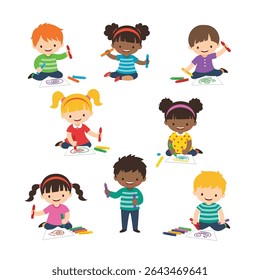 Children drawing with crayons color education art
