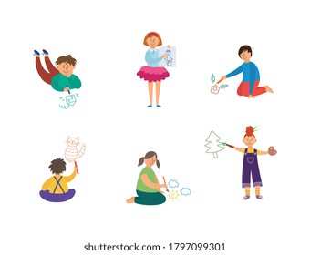 Children drawing with crayons - isolated set of cartoon boys and girls with childhood hobby doodling colorful pictures. Vector illustration.