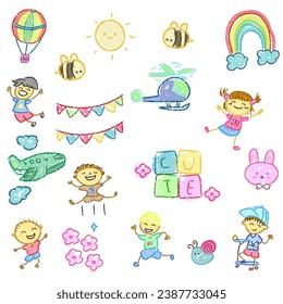 Children drawing with crayons, kids, rainbow, bee, cute sun, flag,bunny, 