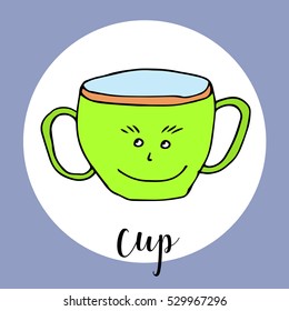 Children drawing a cup. The template for the painting. Hand drawn dishes in a funny kids style. Cartoon. Doodles. Vector illustration isolated on white background.