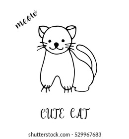 Children drawing a cute cat. The template for the painting. Hand drawn in a funny kids style. Cartoon. Doodles. Vector illustration isolated on white background.