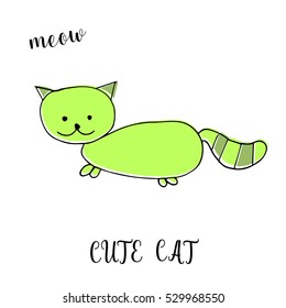 Children drawing a cute cat. The template for the painting. Hand drawn in a funny kids style. Cartoon. Doodles. Vector illustration isolated on white background.