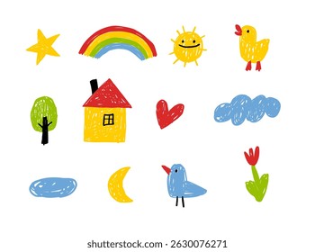 Children drawing, cute kids painting. Cute playful sketching with pencil. Hand drawn doodle style. Flat vector illustration isolated on white background