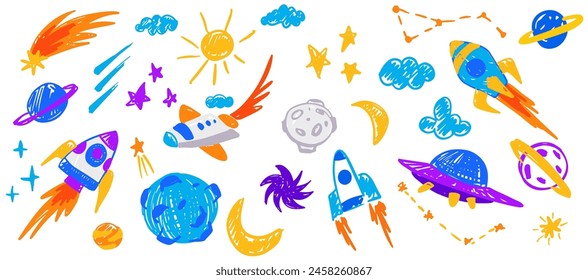 Children drawing doodle set, space illustrations in childish style. Cosmos vector kids drawings: rocket, astronaut, stars, asteroids, ufo, sun, moon