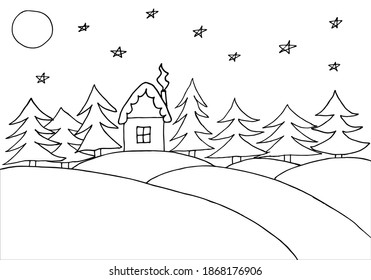 Children drawing of forest and house in winter at night. Contour of snow hills, house, fir trees, moon, stars. Hand drawn. Vector illustration.