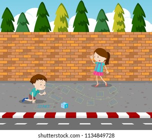 Children drawing game on footpath illustration