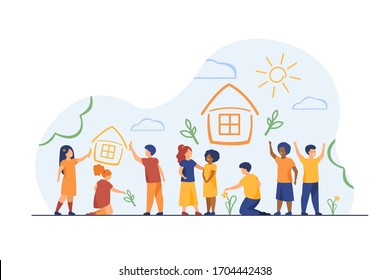 Children drawing home with crayons. Multiracial group of kids painting multicolored pictures. Vector illustration for childhood, imagination, creativity concept