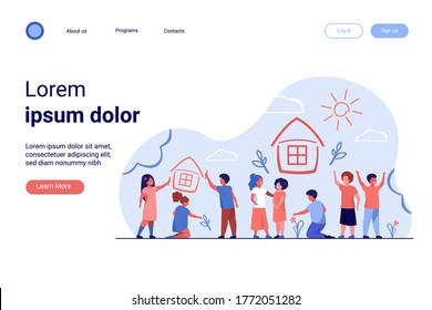Children drawing home with crayons. Multiracial group of kids painting multicolored pictures. Vector illustration for childhood, imagination, creativity concept