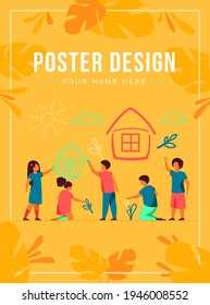 Children drawing home with crayons. Multiracial group of kids painting multicolored pictures. Vector illustration for childhood, imagination, creativity concept