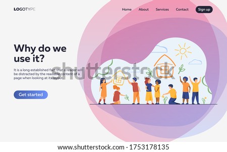 Children drawing home with crayons. Multiracial group of kids painting multicolored pictures. Vector illustration for childhood, imagination, creativity concept