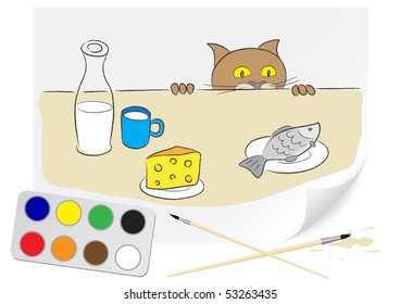 Children drawing a hungry cat a brush paints on a paper