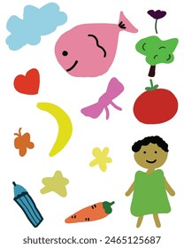 children drawing illustrations, girl, whales, vegetables, and random objects