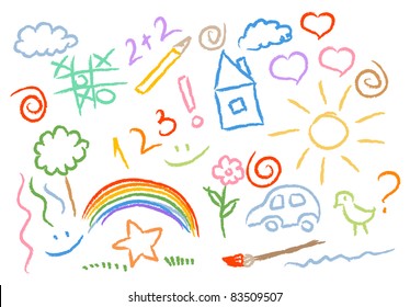 children drawing multicolored symbols set