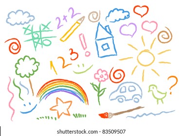 Children Drawing Multicolored Symbols Set