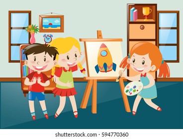 Children drawing on canvas in classroom illustration
