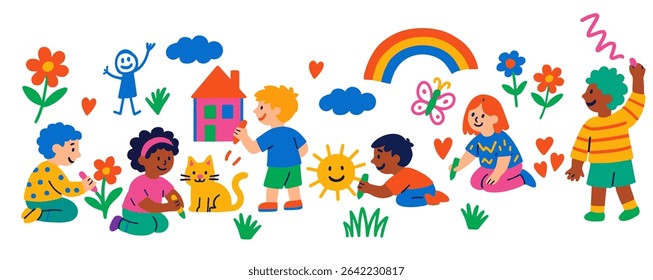 Children drawing on a wall. Cheerful and creative kids making art with colorful crayons and pencils. Cute preschool boys and girls enthusiastically decorating the wall. Flat vector illustration 