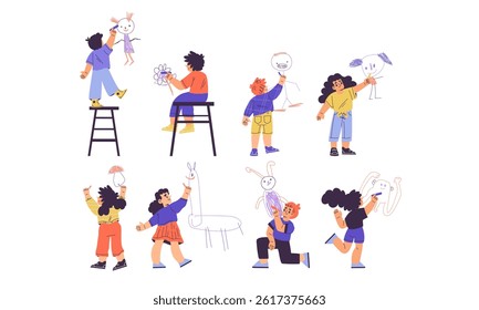Children Drawing on Wall with Colorful Crayons Vector Illustration