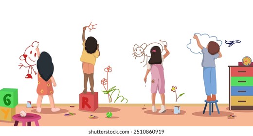 Children drawing on wall. Cute creative preschool boy and girls characters drawing with watercolor, chalk, crayon. Flat vector illustration on white background.