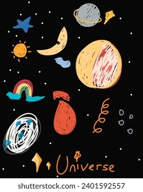 children drawing outer space, planets, stars, galaxies
