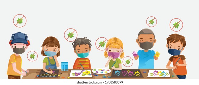 Children drawing and painting. Kids with protection. Group of children wearing medical masks to prevent disease, flu, contaminated air, air pollution, Health care concept. Child care center.