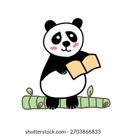 Children drawing panda reading book illustration