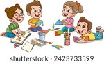 Children drawing with pencils and paints. Vector illustration of a group of children.little cute kids cut paper for art with friend.