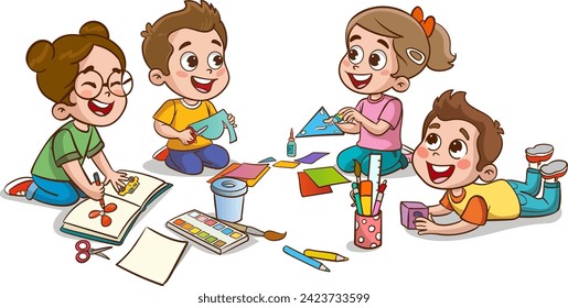 Children drawing with pencils and paints. Vector illustration of a group of children.little cute kids cut paper for art with friend.