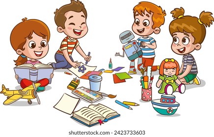 Children drawing with pencils and paints. Vector illustration of a group of children.little cute kids cut paper for art with friend.