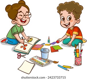 Children drawing with pencils and paints. Vector illustration of a group of children.little cute kids cut paper for art with friend.